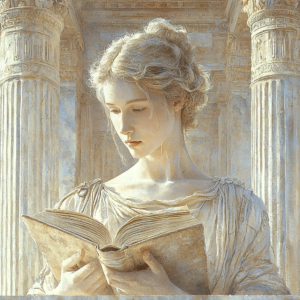 Darstellung der stoischen Literatur – klassische Werke von Philosophen wie Seneca, Epiktet und Marcus Aurelius.