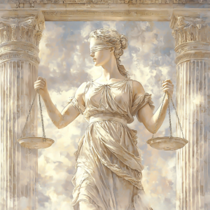 Kardinaltugend Gerechtigkeit, symbolisiert durch Ausgleich und Fairness, als Kernprinzip der Ethik.