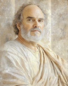 Stilisierte Darstellung von Chrysippos von Soli, ein stoischer Philosoph und Systematisierer der Stoa, bekannt für seine Beiträge zur Logik und Ethik.