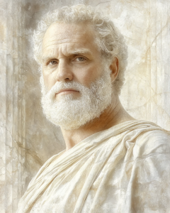 Stilisierte Darstellung von Kleanthes, ein stoischer Philosoph und Nachfolger Zenons von Kition, bekannt für seine Hymne an Zeus und seine Beiträge zur Stoa.