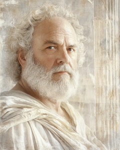 Stylized Representation of Musonius Rufus, a Stoic philosopher and teacher, known for his practical teachings on virtue, ethics, and the art of living.