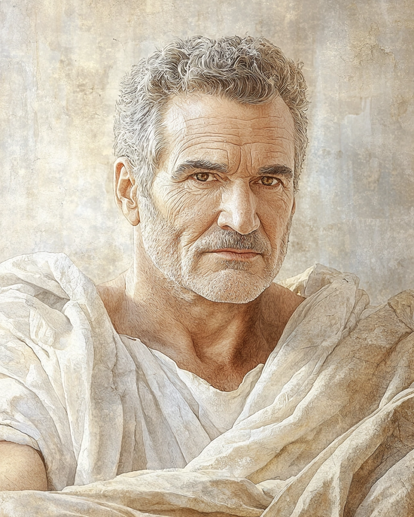 Stilisierte Darstellung von Panaitios von Rhodos, ein stoischer Philosoph, bekannt für seine Anpassung der Stoa an die römische Kultur und seine Lehren über praktische Ethik. Sein Vermächtnis betont Kardinaltugenden wie Gerechtigkeit und Besonnenheit und enthält inspirierende Zitate zur harmonischen Lebensführung.