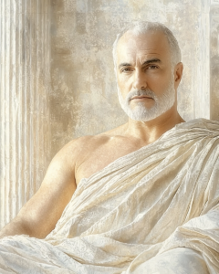 Stilisierte Darstellung von Posidonius, ein stoischer Philosoph, Wissenschaftler und Historiker, bekannt für seine interdisziplinären Beiträge zu Ethik, Naturwissenschaft und Psychologie.