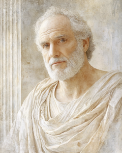 Stilisierte Darstellung von Seneca, ein römischer Philosoph und Dramatiker, bekannt für seine stoischen Lehren über Tugend, Gelassenheit und Lebensführung.