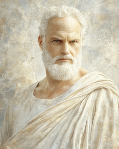 Stilisierte Darstellung von Zenon von Kition, ein griechischer Philosoph und Begründer der Stoa, bekannt für seine Lehren über Tugend und Vernunft.