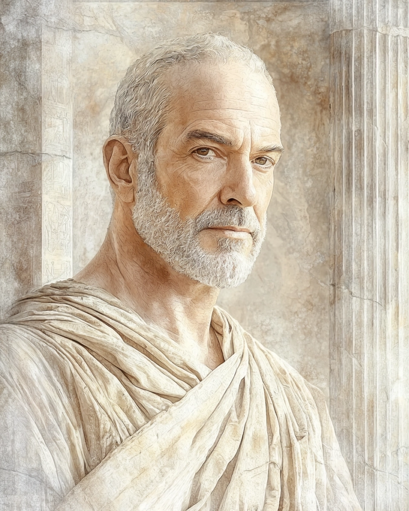 Stylized depiction of Antipater of Tarsus, a Stoic philosopher and representative of the middle Stoa, known for his teachings on virtue, duty, and cosmic order. His legacy emphasizes cardinal virtues like wisdom and justice and inspires with quotes on moral integrity and reason.