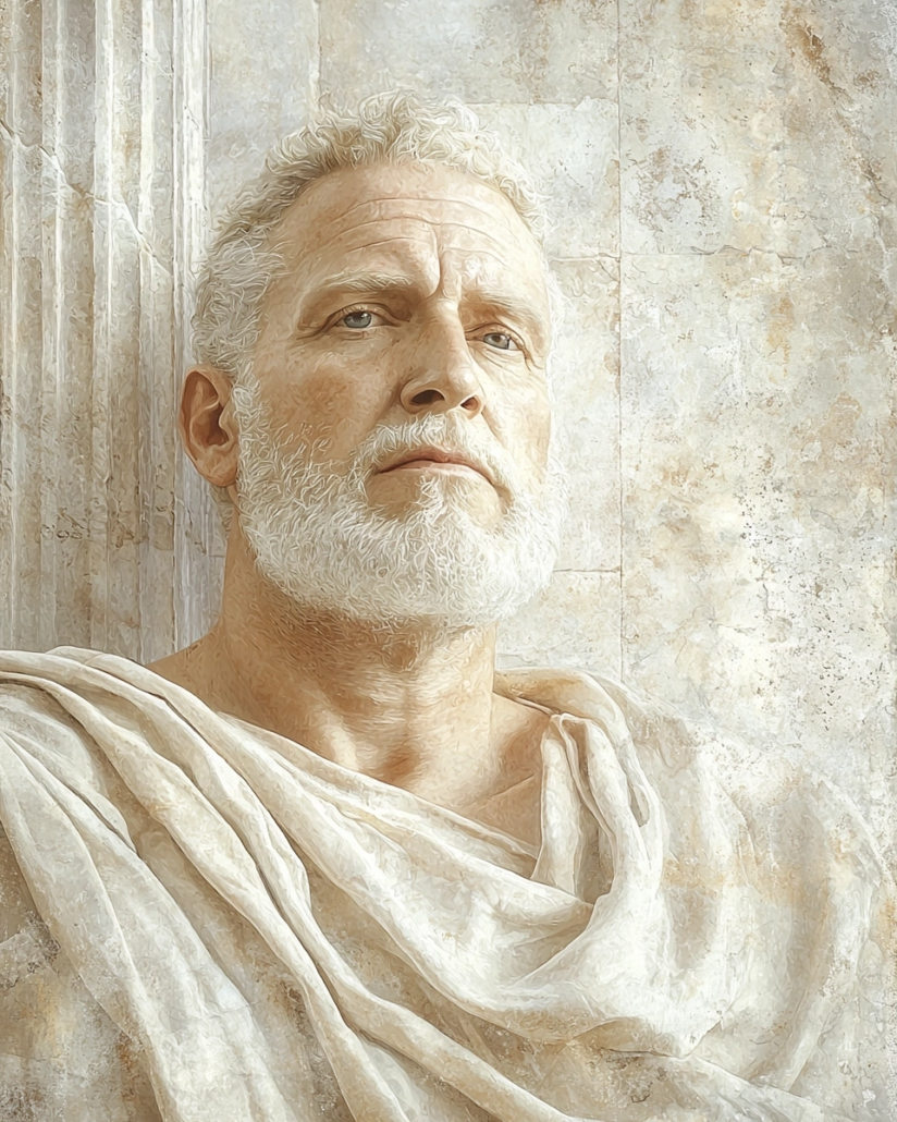 Stylized depiction of Apollodorus of Seleucia, a Stoic philosopher known for his systematic teachings on ethics and his defense of Stoic principles. His legacy emphasizes cardinal virtues like wisdom and justice and inspires with quotes on the importance of virtue and moral action.