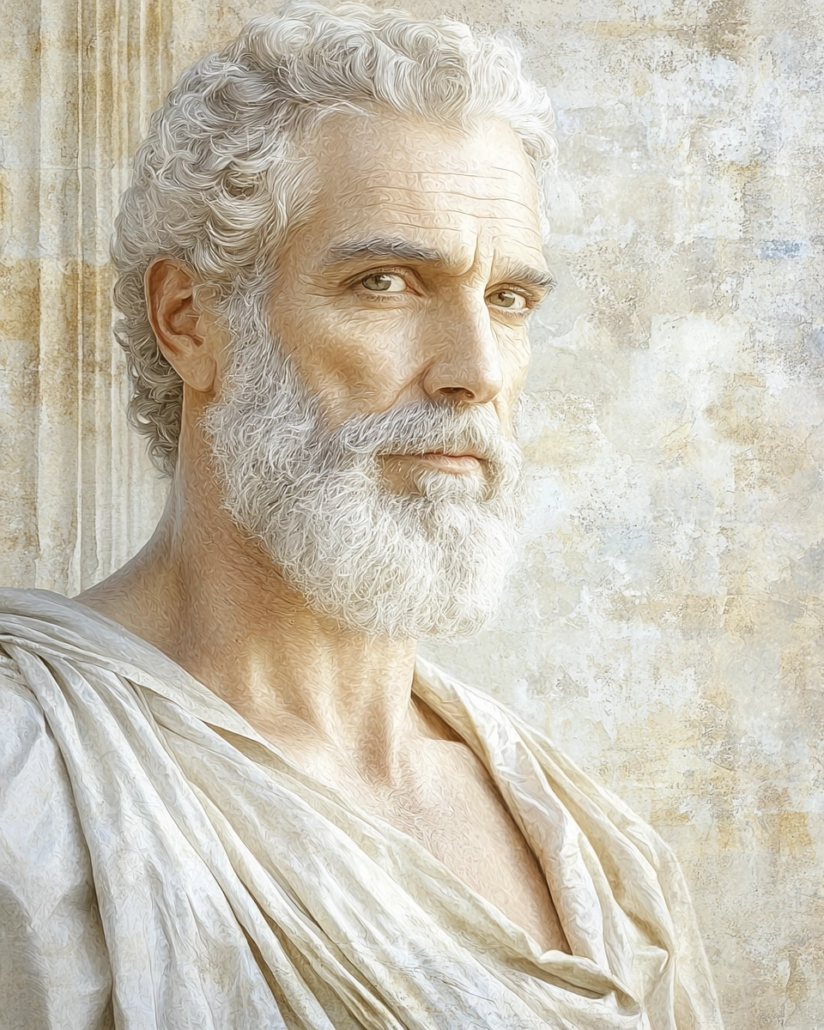 Stylized depiction of Apollonides, a Stoic philosopher known for his contributions to ethics and his emphasis on the practical application of Stoic principles. His legacy emphasizes cardinal virtues like wisdom and prudence and inspires with quotes on the role of reason in daily life and the pursuit of virtue.