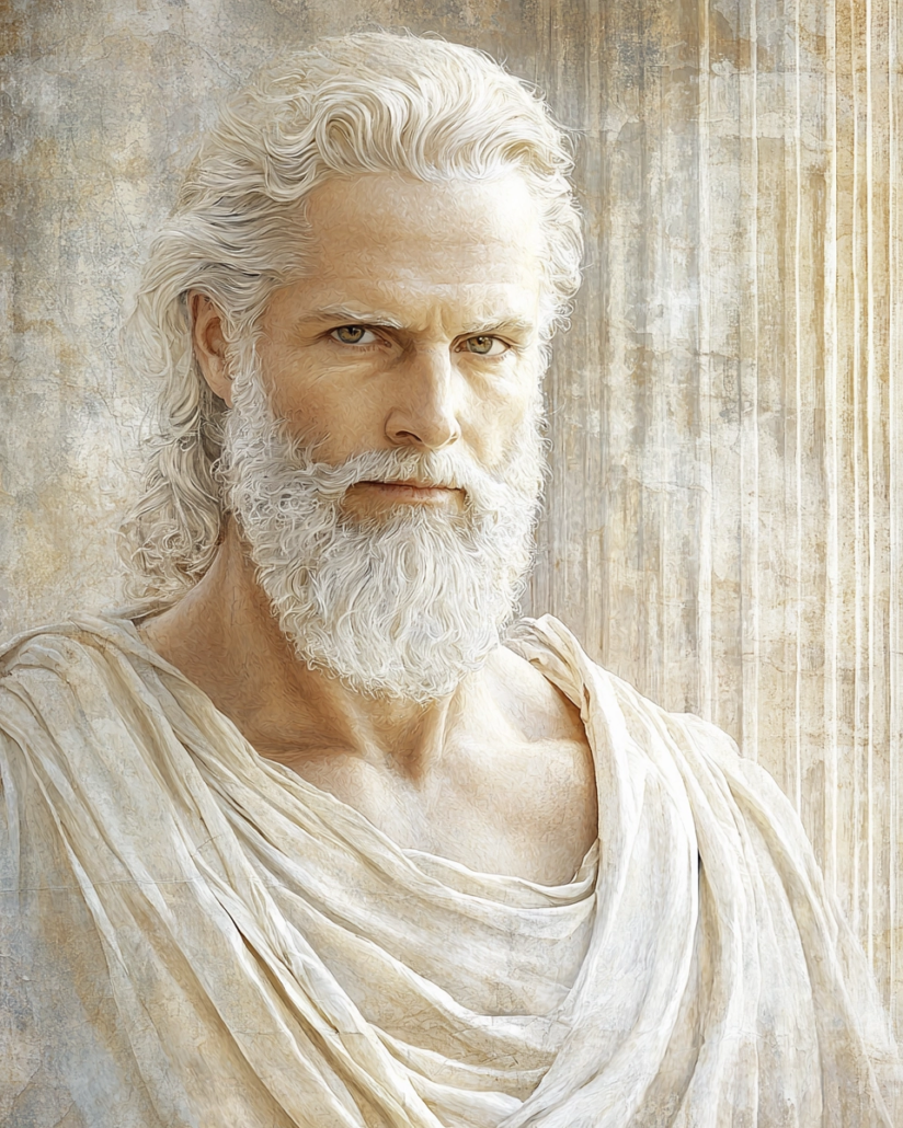 Stilisierte Darstellung von Apollonius von Chalcedon, ein stoischer Philosoph und Lehrer von Marcus Aurelius, bekannt für seine klare Vermittlung der stoischen Lehren und seine Betonung der Tugendhaftigkeit. Sein Vermächtnis betont Kardinaltugenden wie Weisheit und Selbstdisziplin und inspiriert mit Zitaten über moralische Stärke und philosophische Reflexion.
