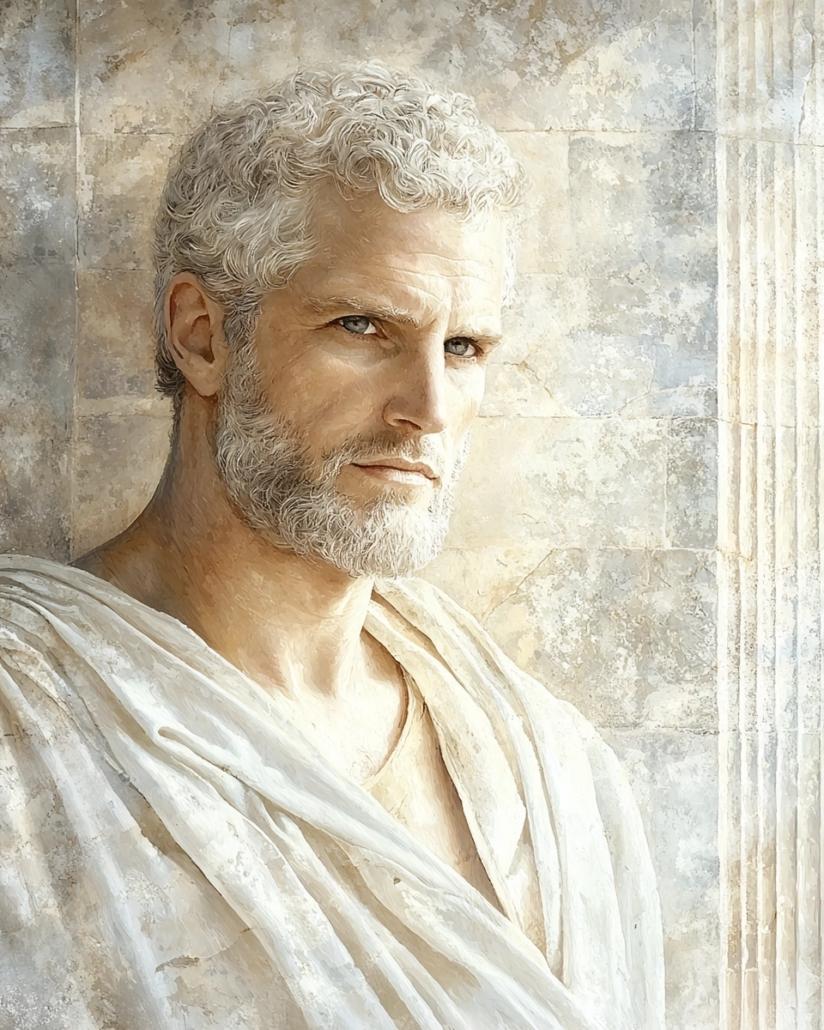 Stylized depiction of Arius Didymus, a Stoic philosopher and advisor to Augustus, known for his teachings on virtue and his role in politics. His legacy emphasizes cardinal virtues like wisdom and justice and inspires with quotes on moral leadership and the integration of philosophy into statecraft.