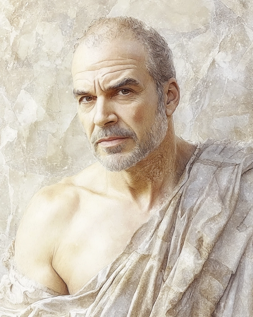 Stylized Depiction of Ariston of Chios 🤔 Stylized depiction of Ariston of Chios, a Stoic philosopher known for his emphasis on ethics and criticism of logic within Stoicism. His legacy highlights virtue as the only true good and inspires with quotes on moral clarity and determination.