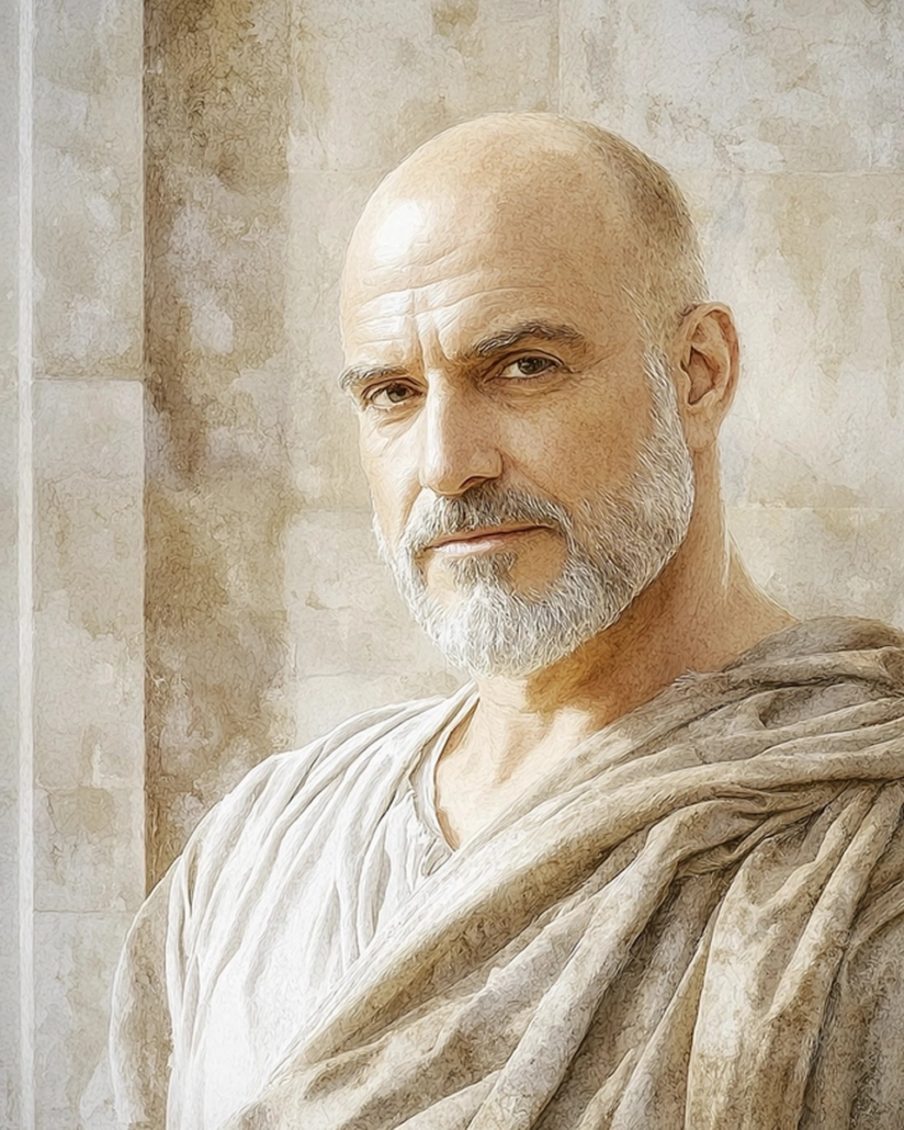 Stilisierte Darstellung von Arulenus Rusticus, ein römischer Stoiker und Senator, bekannt für seine Loyalität gegenüber den stoischen Prinzipien und seinen Widerstand gegen Tyrannei. Sein Vermächtnis betont Kardinaltugenden wie Gerechtigkeit und Tapferkeit und inspiriert mit Zitaten über moralische Verantwortung und politische Integrität.