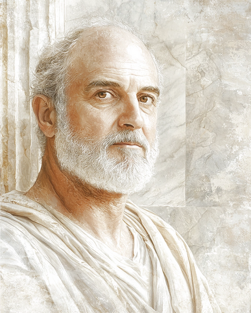 Stilisierte Darstellung von Athenodoros Kananites, ein stoischer Philosoph und Lehrer, bekannt für seine Lehren über Ethik und seine Rolle als Berater für Augustus. Sein Vermächtnis betont Kardinaltugenden wie Gerechtigkeit und Besonnenheit und inspiriert mit Zitaten über moralische Führung und innere Ruhe.