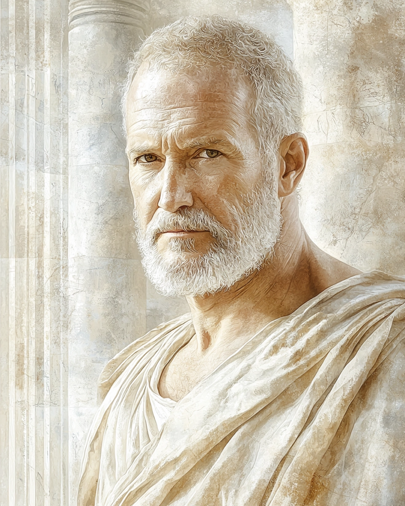 Stilisierte Darstellung von Athenodoros Kordylion, ein stoischer Philosoph und Bibliothekar, bekannt für seine Hingabe an Wissen und die Bewahrung philosophischer Texte. Sein Vermächtnis betont Kardinaltugenden wie Weisheit und Besonnenheit und inspiriert mit Zitaten über die Bedeutung von Bildung und Reflexion.