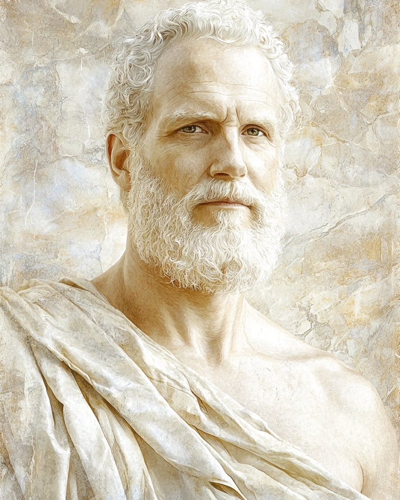 Stylized depiction of Attalus, a Stoic philosopher and teacher known for his profound teaching of Stoic doctrines and emphasis on ethical action. His legacy emphasizes cardinal virtues like self-control and wisdom and inspires with quotes on the power of virtue and the importance of inner discipline.