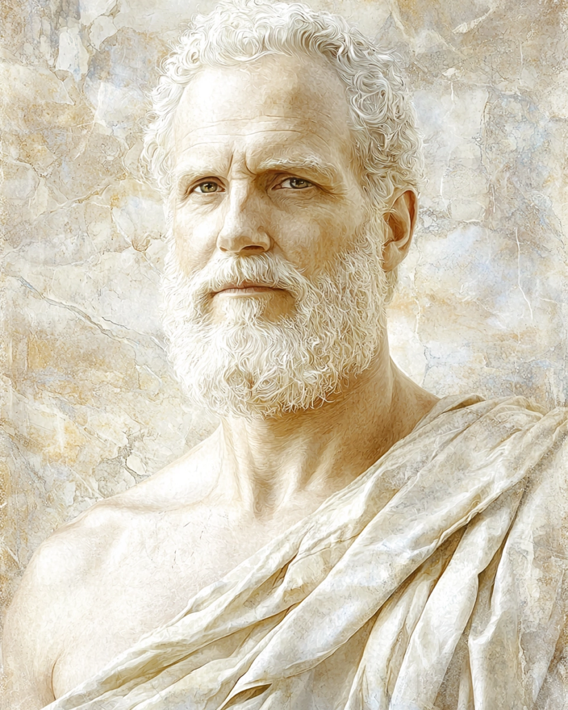 Stilisierte Darstellung von Attalus, ein stoischer Philosoph und Lehrer, bekannt für seine tiefe Vermittlung stoischer Lehren und seine Betonung auf ethisches Handeln. Sein Vermächtnis betont Kardinaltugenden wie Selbstbeherrschung und Weisheit und inspiriert mit Zitaten über die Kraft der Tugend und die Bedeutung von innerer Disziplin.