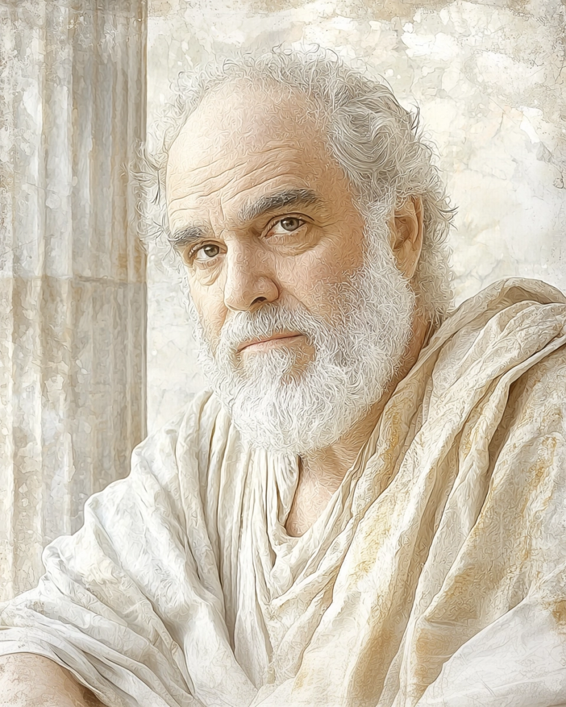 Stilisierte Darstellung von Aulus Persius Flaccus, ein römischer Dichter und Stoiker, bekannt für seine satirischen Werke, die moralische Werte und Tugenden betonen. Sein Vermächtnis betont Kardinaltugenden wie Weisheit und Gerechtigkeit und inspiriert mit Zitaten über innere Reflexion und die Abkehr von Oberflächlichkeit.