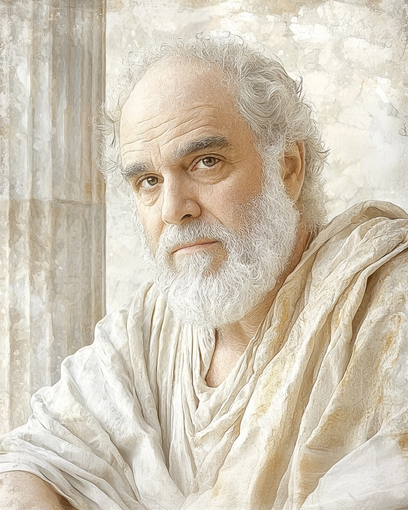 Stylized depiction of Aulus Persius Flaccus, a Roman poet and Stoic, known for his satirical works emphasizing moral values and virtues. His legacy highlights cardinal virtues like wisdom and justice and inspires with quotes on inner reflection and rejecting superficiality.