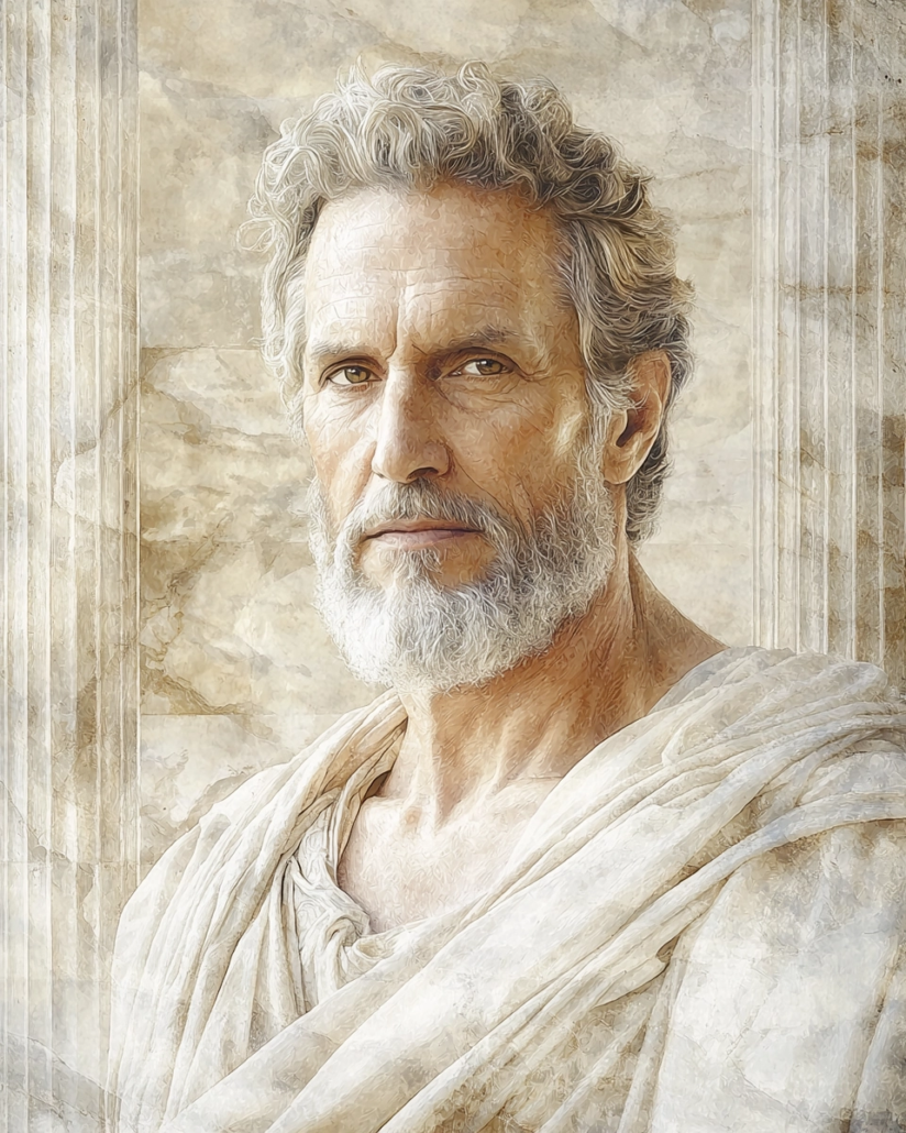 Stilisierte Darstellung von Boethus von Sidon, ein stoischer Philosoph, bekannt für seine Abweichung vom klassischen Stoizismus durch die Betonung des Materialismus und seiner ethischen Lehren. Sein Vermächtnis betont die Rolle von Tugend und Vernunft in einer physischen Welt und inspiriert mit Zitaten über das Gleichgewicht zwischen Theorie und Praxis.
