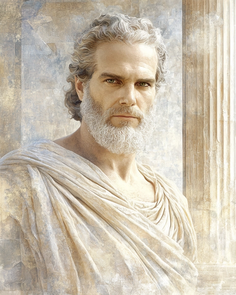 Stylized depiction of Chairemon of Alexandria, a Stoic philosopher known for his writings on cosmic order and the integration of philosophy and history. His legacy emphasizes cardinal virtues like wisdom and prudence and inspires with quotes on the role of reason and the importance of knowledge.