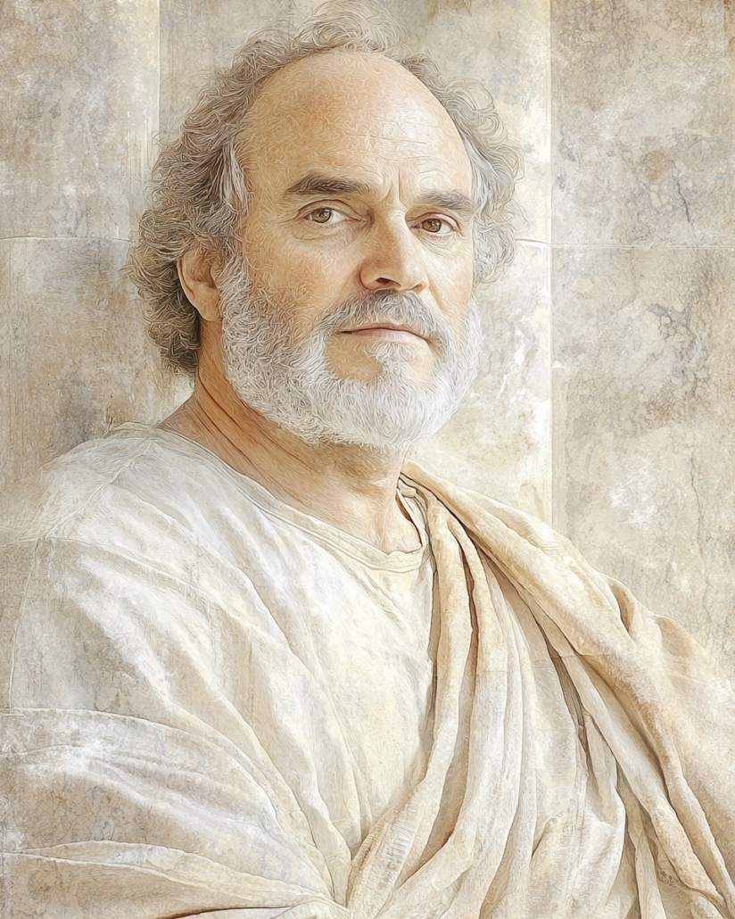 Stilisierte Darstellung von Chrysippos von Soli, ein stoischer Philosoph und Systematisierer der Stoa, bekannt für seine wichtigen Lehren über Logik, Ethik und Naturphilosophie. Sein Vermächtnis betont Kardinaltugenden wie Vernunft und Gerechtigkeit und enthält tiefgründige Zitate über philosophisches Denken.