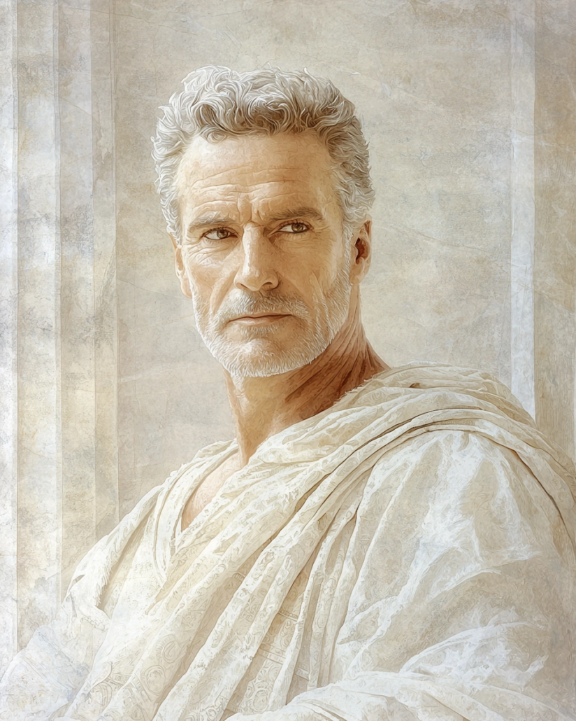 Stilisierte Darstellung von Cicero, ein römischer Staatsmann, Redner und Philosoph, bekannt für seine Vermittlung stoischer Lehren durch Rhetorik und Ethik. Sein Vermächtnis betont Kardinaltugenden wie Gerechtigkeit und Weisheit und inspiriert mit Zitaten über Moral und staatsbürgerliche Verantwortung.
