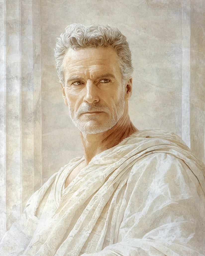 Stylized depiction of Cicero, a Roman statesman, orator, and philosopher, known for his integration of Stoic teachings through rhetoric and ethics. His legacy emphasizes cardinal virtues like justice and wisdom and inspires with quotes on morality and civic responsibility.