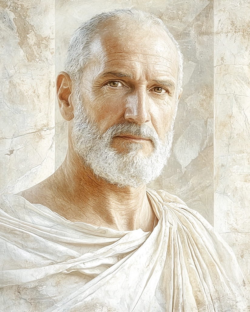 Stylized depiction of Claudius Maximus, a Stoic philosopher and teacher, known as a role model of virtue and serenity. His legacy emphasizes cardinal virtues like courage and prudence and inspires with quotes on the art of living and the power of inner strength.