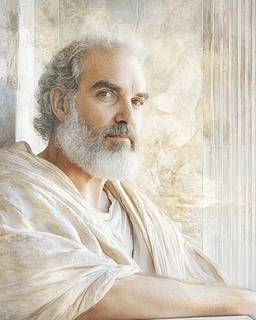 Stylized depiction of Cleomedes, a Stoic philosopher and astronomer, known for combining scientific observation with philosophical reflection. His legacy emphasizes cardinal virtues like reason and prudence and inspires with quotes on the harmony between cosmos and humanity.