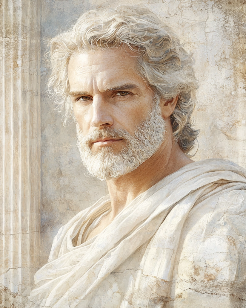 Stilisierte Darstellung von Dardanus von Athen, ein Philosoph der Mittleren Stoa, bekannt für seine Weiterentwicklung stoischer Lehren in den Bereichen Ethik und kosmische Ordnung. Sein Vermächtnis betont Kardinaltugenden wie Besonnenheit und Gerechtigkeit und inspiriert mit Zitaten über die Verbindung von Vernunft und Natur.
