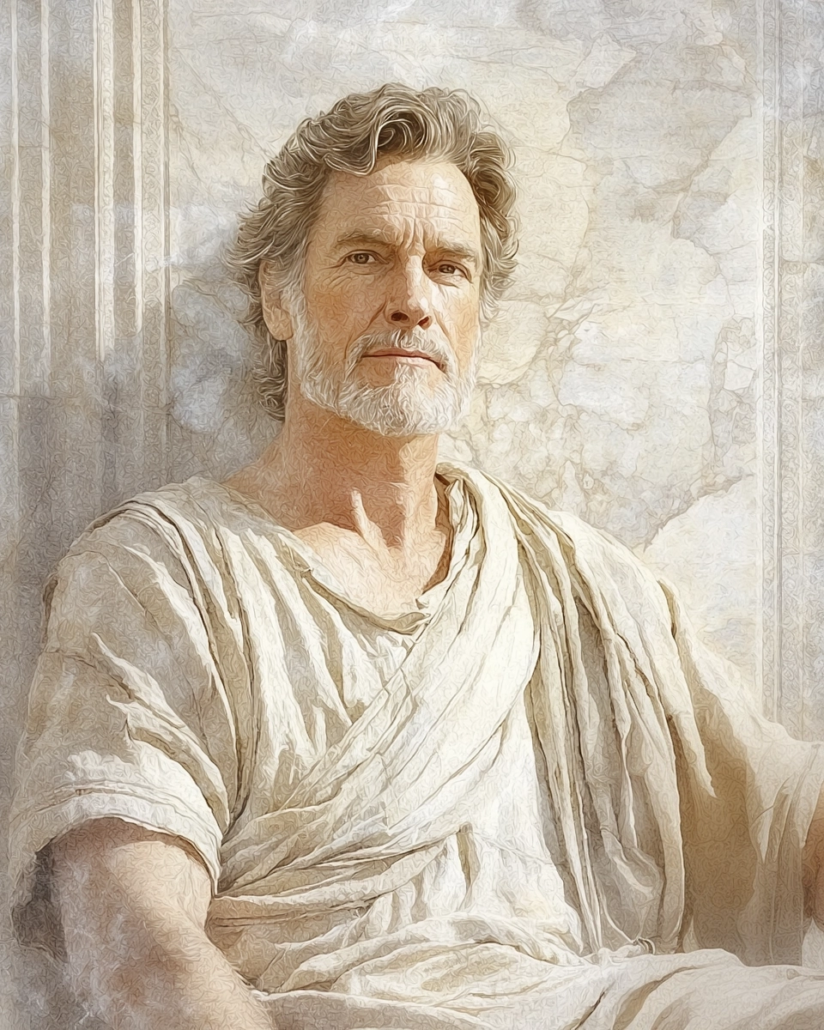 Stylized depiction of Diogenes of Babylon, a Stoic philosopher known for his contributions to dialectics, ethics, and music theory. His legacy emphasizes cardinal virtues like wisdom and prudence and inspires with quotes on rational argumentation and harmonious living.