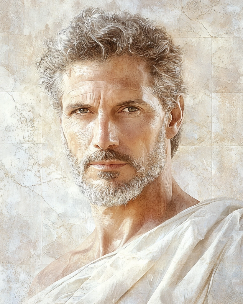 Stylized depiction of Dionysios Metathemenos, a Stoic philosopher known for his epithet ‘the Mutable’ and his focus on adapting to life’s changes. His legacy emphasizes virtues like prudence and resilience and inspires with quotes on endurance and accepting fate.