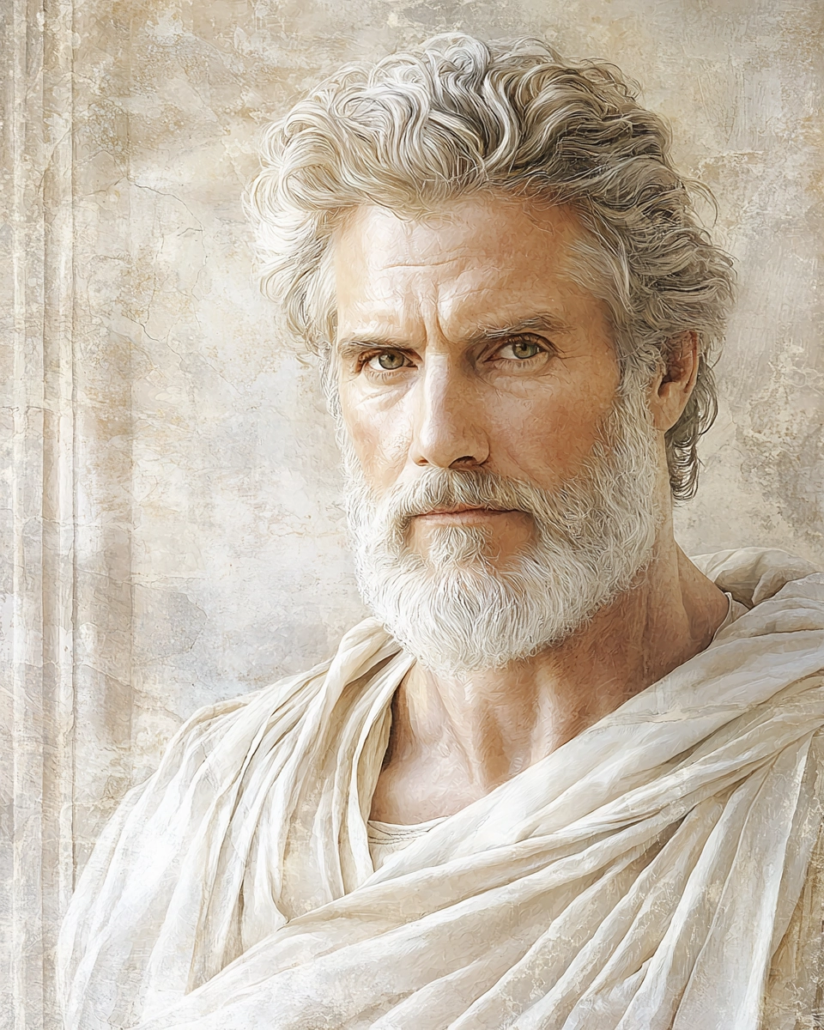 Stilisierte Darstellung von Dionysius von Cyrene, ein stoischer Philosoph, bekannt für seine kritische Auseinandersetzung mit hedonistischen Lehren und seine Betonung der Vernunft als Schlüssel zur Tugend. Sein Vermächtnis betont Kardinaltugenden wie Besonnenheit und Gerechtigkeit und inspiriert mit Zitaten über die Überwindung sinnlicher Begierden durch rationales Handeln.