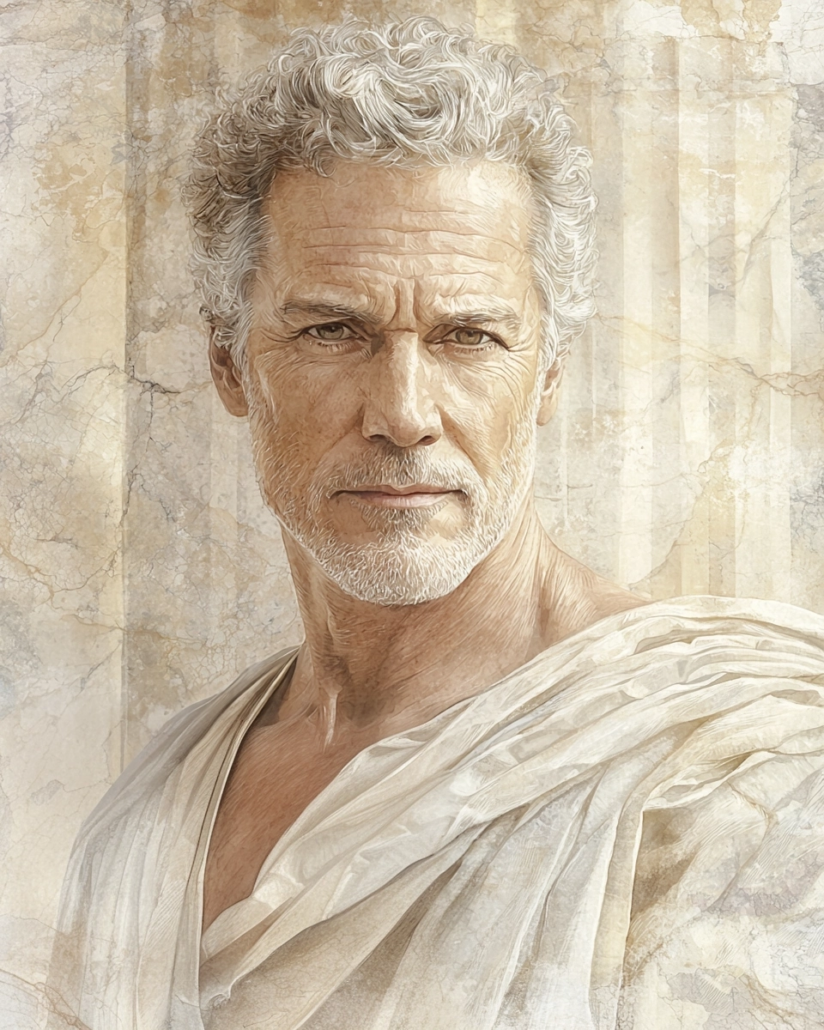 Stylized depiction of Diotimus the Stoic, a philosophical thinker known for emphasizing ethics and rational action within Stoic philosophy. His legacy highlights cardinal virtues like wisdom and courage and inspires with quotes on the power of reason and the importance of virtue.