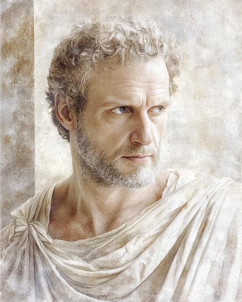 Stylized depiction of Epictetus, a Stoic philosopher and teacher, known for his important teachings on freedom through self-discipline and the acceptance of the inevitable. His legacy emphasizes cardinal virtues like self-control and courage, enriched by timeless quotes on life.