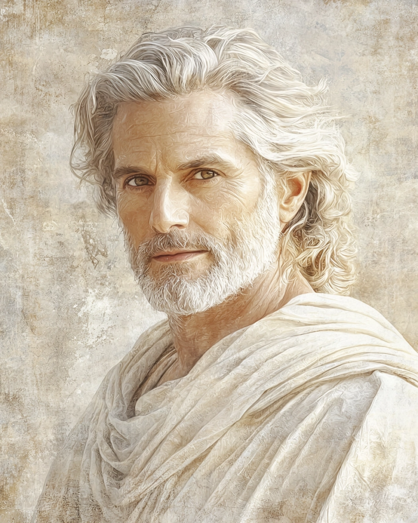 Stilisierte Darstellung von Favorinus, ein stoischer Philosoph, Rhetoriker und Skeptiker, bekannt für seine Fähigkeit, Philosophie und Rhetorik zu verbinden. Sein Vermächtnis betont Kardinaltugenden wie Weisheit und Besonnenheit und inspiriert mit Zitaten über intellektuelle Reflexion und die Macht der Sprache.