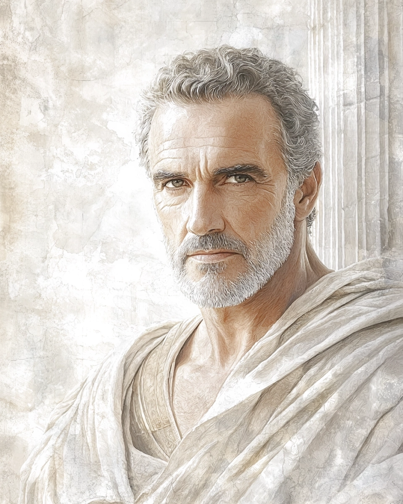 Stylized depiction of Gaius Blossius, a Roman politician and philosopher known for applying Stoic principles in politics and his close association with the Gracchi. His legacy emphasizes cardinal virtues like justice and courage and inspires with quotes on moral action in the public sphere.