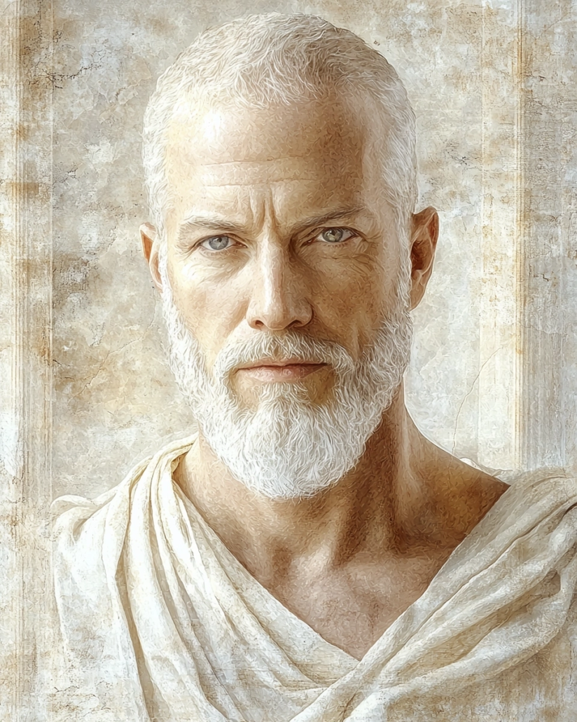 Stylized depiction of Gaius Helvidius Priscus, a Roman senator and Stoic known for his resilience and commitment to freedom against authoritarian rule. His legacy emphasizes cardinal virtues like courage and justice and inspires with quotes on political integrity and moral principles.