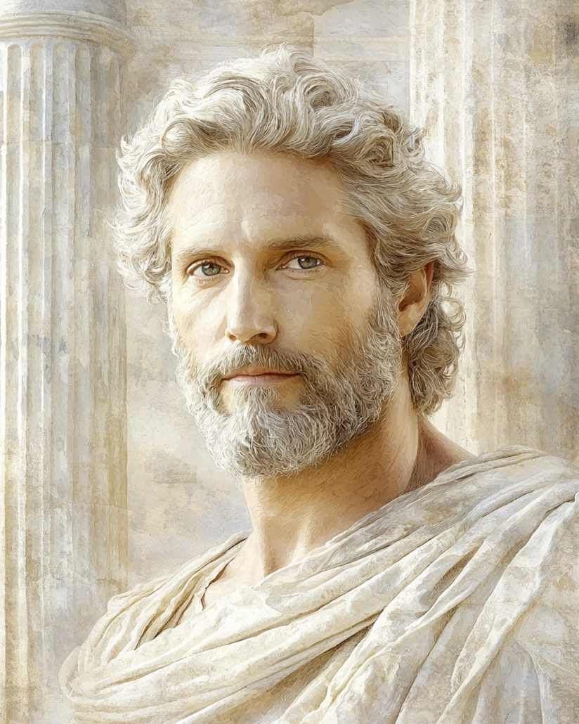 Stylized depiction of Geminus of Rhodes, a Stoic philosopher and astronomer, known for his works connecting science and Stoic philosophy. His legacy emphasizes cardinal virtues like wisdom and prudence and inspires with quotes on cosmic order and the harmony between science and ethics.