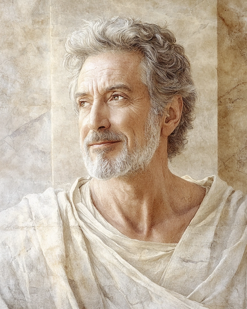 Stylized depiction of Hecaton of Rhodes, a Stoic philosopher known for his teachings on ethics, duty, and human relationships. His legacy emphasizes cardinal virtues like justice and generosity and inspires with quotes on moral responsibility and altruism.