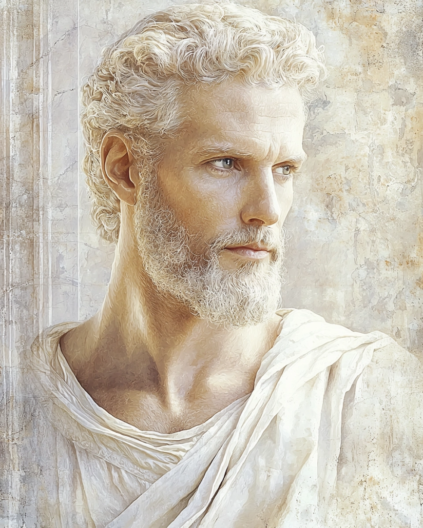 Stilisierte Darstellung von Heraclides von Tarsus, ein stoischer Philosoph und Mediziner, bekannt für seine Lehren über die Verbindung von körperlicher und geistiger Gesundheit. Sein Vermächtnis betont Kardinaltugenden wie Besonnenheit und Weisheit und inspiriert mit Zitaten über das Gleichgewicht von Körper und Geist.
