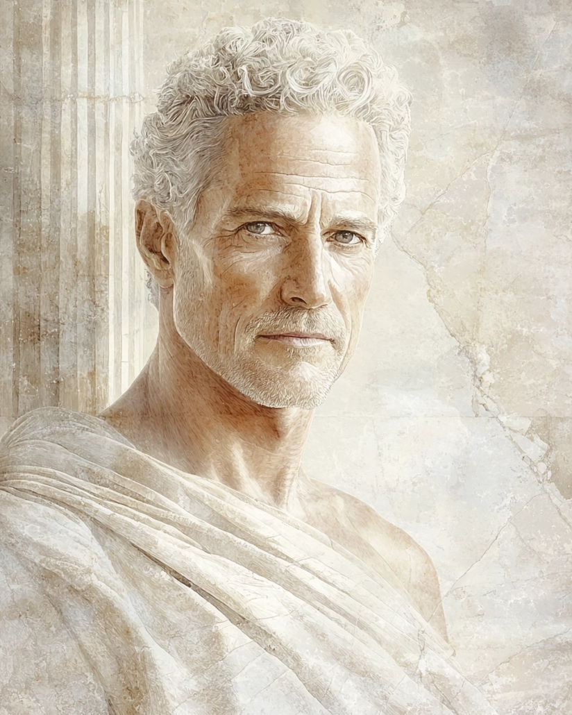Stylized depiction of Herillus of Carthage, a Stoic philosopher known for emphasizing knowledge as the highest goal of life and his teachings on virtue. His legacy highlights the cardinal virtues and inspires with quotes that emphasize the connection between wisdom and moral strength.