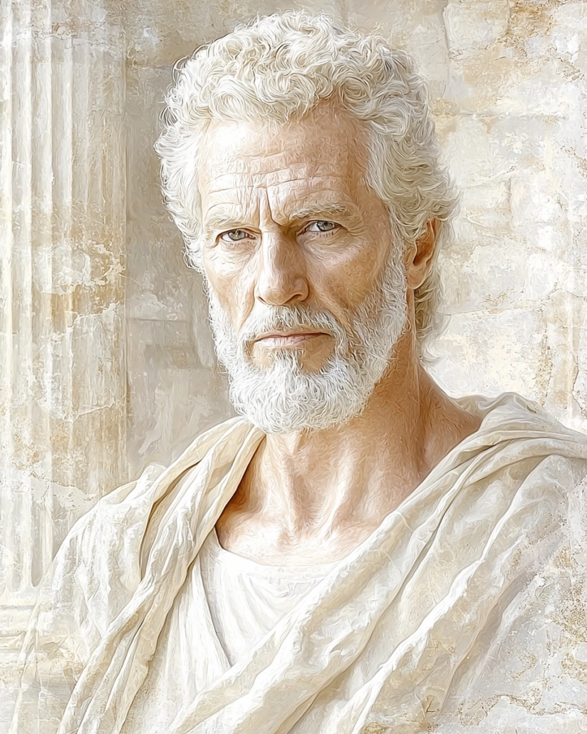 Stylized depiction of Hermagoras of Amphipolis, a Stoic philosopher and rhetorician, known for his teachings on the connection between language and ethics. His legacy emphasizes cardinal virtues like wisdom and justice and inspires with quotes on the power of rhetoric and moral responsibility in communication.
