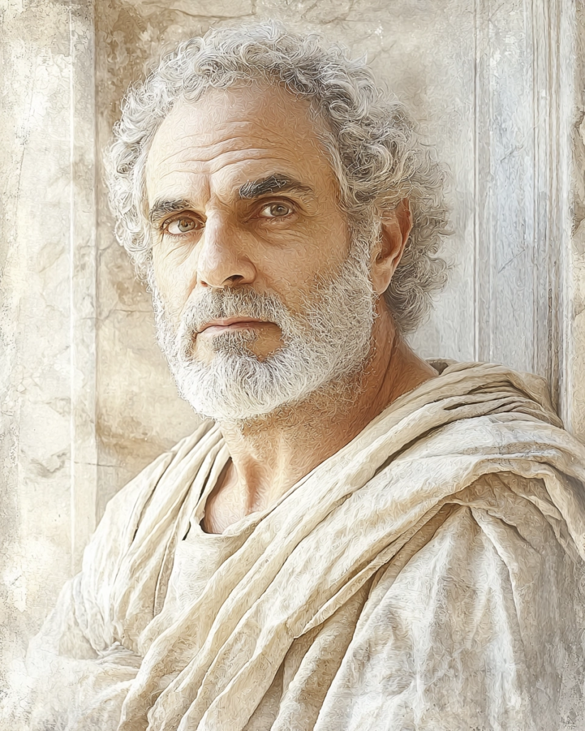 Stilisierte Darstellung von Hierokles, ein stoischer Philosoph, bekannt für seine wichtigen Lehren über Gemeinschaft, Mitgefühl und Ethik. Sein Vermächtnis betont Kardinaltugenden wie Gerechtigkeit und Besonnenheit und umfasst inspirierende Zitate über die ‚Kreise des Mitgefühls‘.