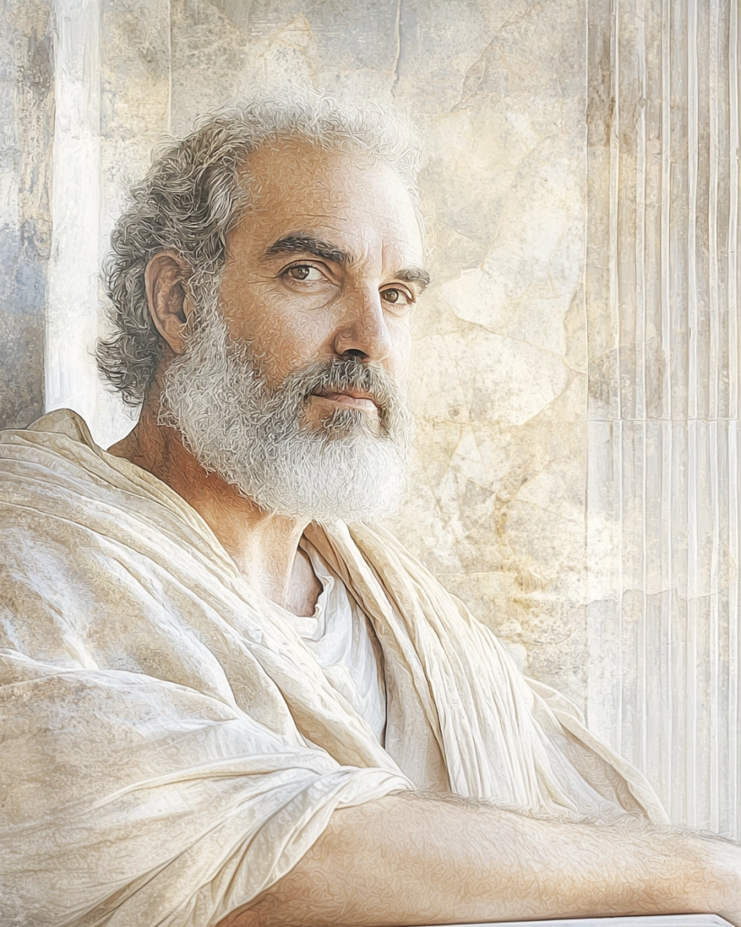 Stilisierte Darstellung von Kleomedes, ein stoischer Philosoph und Astronom, bekannt für seine Verbindung von wissenschaftlicher Beobachtung und philosophischer Reflexion. Sein Vermächtnis betont Kardinaltugenden wie Vernunft und Besonnenheit und inspiriert mit Zitaten über die Harmonie zwischen Kosmos und Mensch.