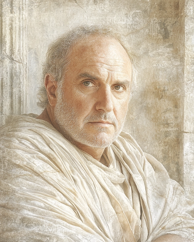 Stylized depiction of Lucius Annaeus Cornutus, a Stoic philosopher and teacher known for his teachings on rhetoric, philosophy, and cosmic order. His legacy emphasizes cardinal virtues like wisdom and prudence and inspires with quotes highlighting the connection between language and virtue.