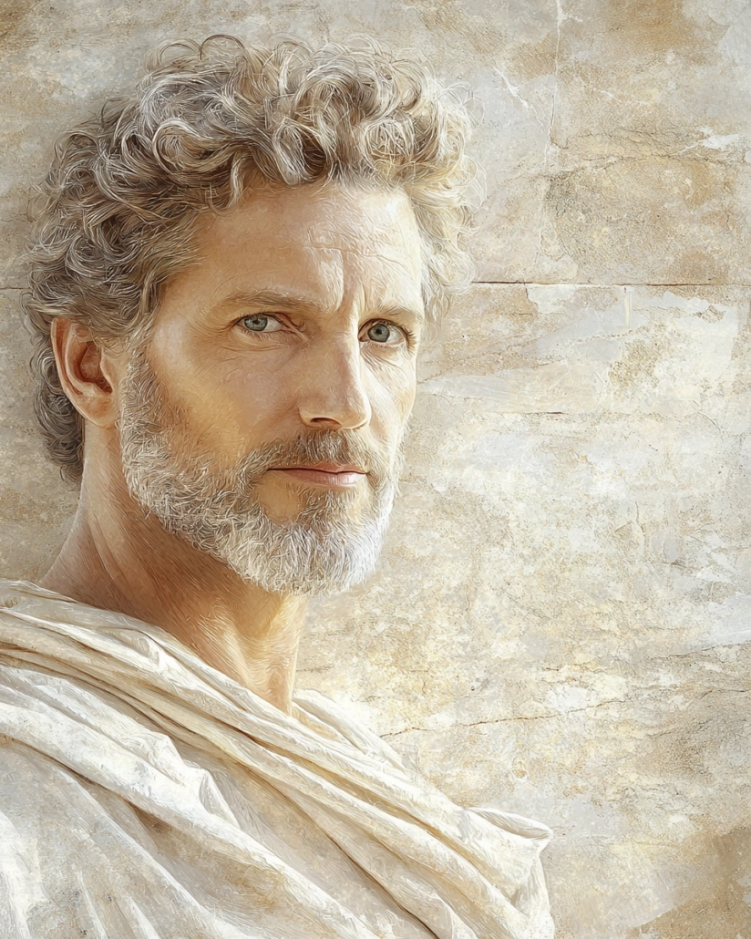 Stylized depiction of Lucius Annaeus Novatus, a Roman statesman and Stoic, known for integrating Stoic philosophy with political ideals. His legacy emphasizes cardinal virtues like justice and wisdom and inspires with quotes on moral leadership and social responsibility.