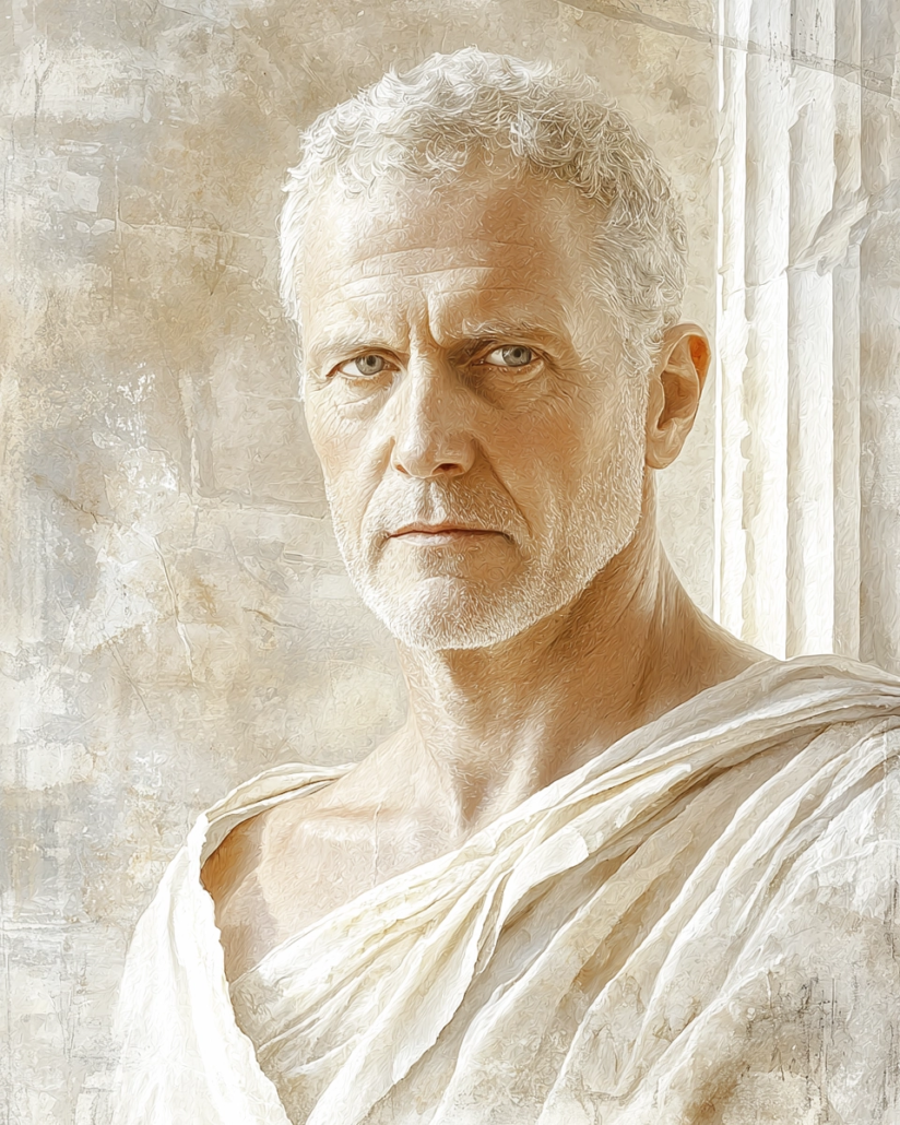 Stilisierte Darstellung von Marcus Annaeus Lucanus, ein römischer Dichter und Philosoph, bekannt für seine epischen Werke und seine subtile Integration stoischer Prinzipien. Sein Vermächtnis betont Kardinaltugenden wie Gerechtigkeit und Tapferkeit und inspiriert mit Zitaten über Freiheit, Moral und politische Verantwortung.