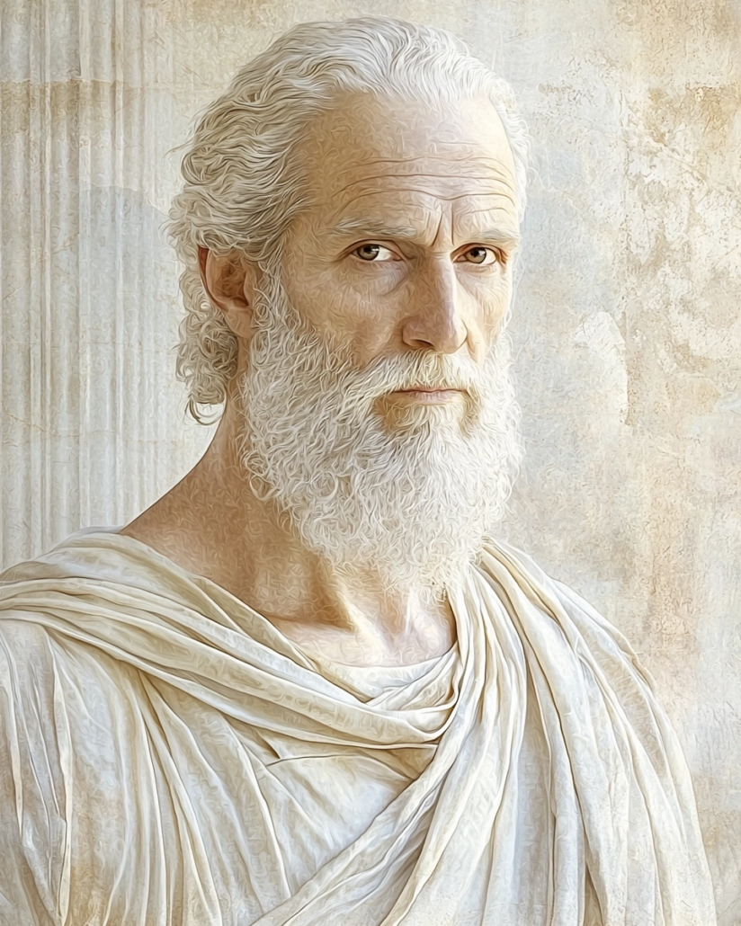 Stylized depiction of Menippus of Gadara, a satirical thinker with Stoic influence, known for his humorous and critical works on human flaws. His legacy emphasizes the virtue of wisdom and inspires with quotes that encourage reflection on the role of humor and philosophy in life.