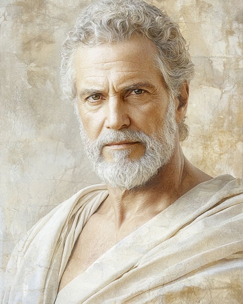 Stylized Depiction of Mnesarchus of Athens 📖 Stylized depiction of Mnesarchus of Athens, a Stoic philosopher known for his profound teachings on ethics and virtue. His legacy emphasizes cardinal virtues like prudence and wisdom and inspires with quotes on moral principles and the importance of reason.